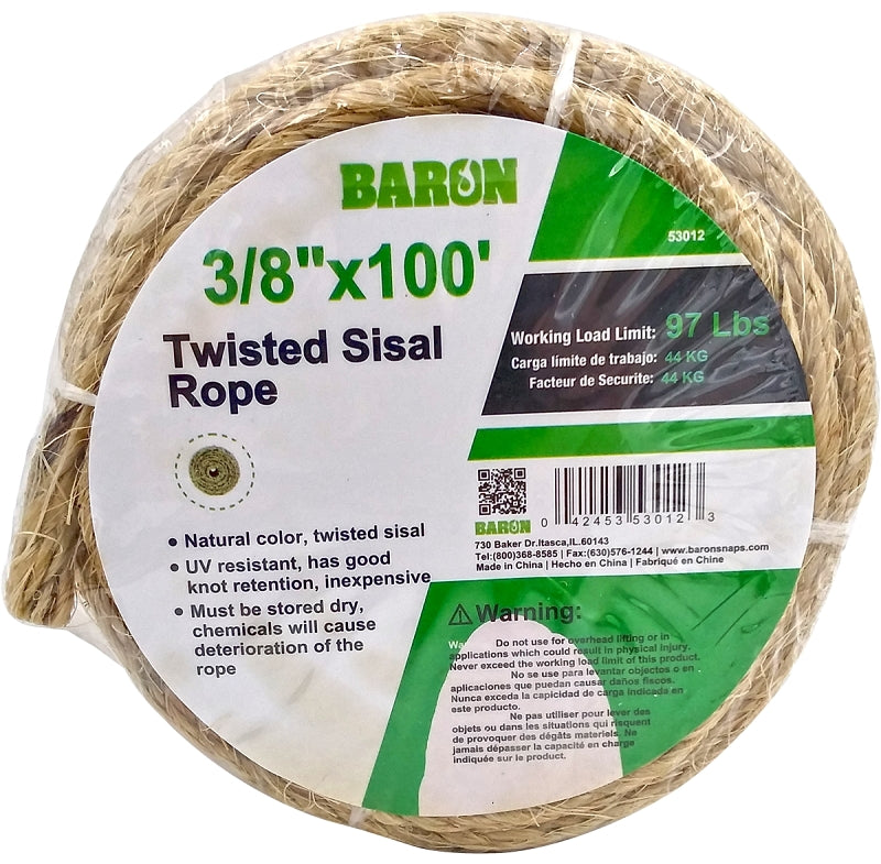 BARON Baron 53012 Rope, 3/8 in Dia, 100 ft L, 87 lb Working Load, Sisal, Natural HARDWARE & FARM SUPPLIES BARON