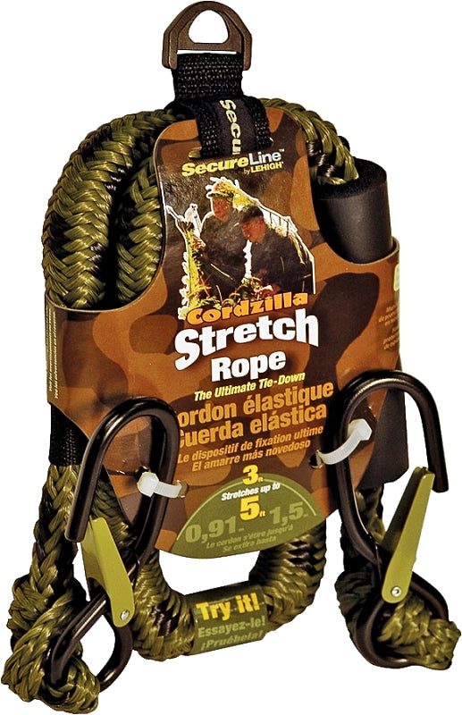 CORDZILLA SecureLine CZB3CA Stretch Rope, 8 mm Dia, 3 ft L, Polypropylene, Camouflage, 400 lb Working Load