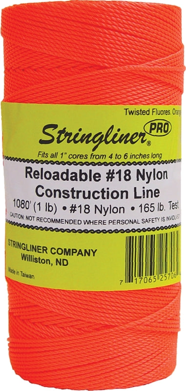 STRINGLINER BY U.S. TAPE Stringliner Pro Series 35706 Construction Line, #18 Dia, 1080 ft L, 165 lb Working Load, Nylon, Fluorescent Orange