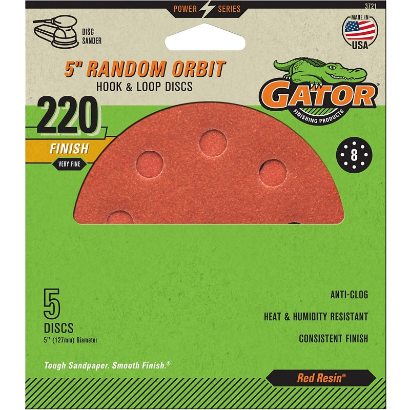GATOR Gator 3721 Sanding Disc, 5 in Dia, 220 Grit, Extra Fine, Aluminum Oxide Abrasive, Vented, 5/PK