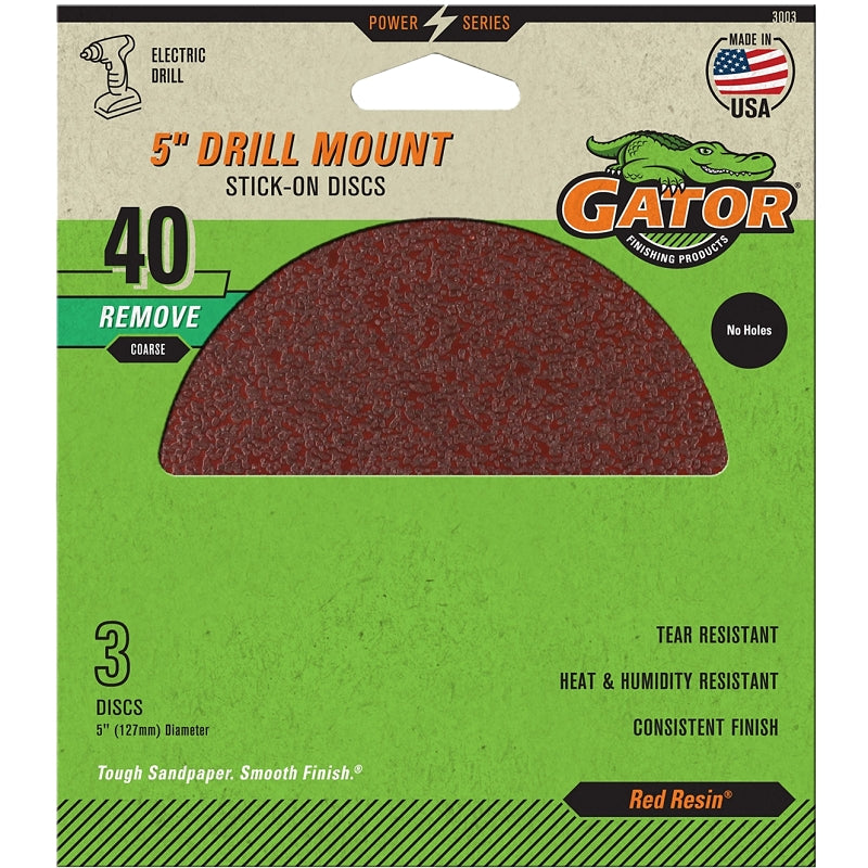 GATOR Gator 3003 Sanding Disc, 5 in Dia, 40 Grit, Extra Coarse, Aluminum Oxide Abrasive, Paper Backing
