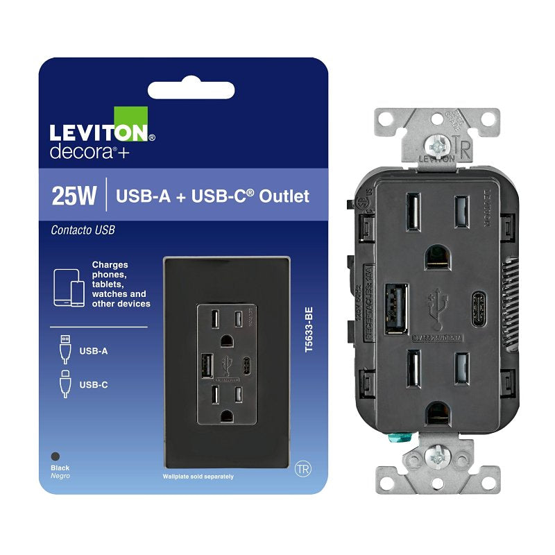 LEVITON Leviton T5633-R05-0BE Outlet with USB Port, 15 A, 125 V, 2-USB Port, Type A, C USB, NEMA: NEMA 5, Black ELECTRICAL LEVITON