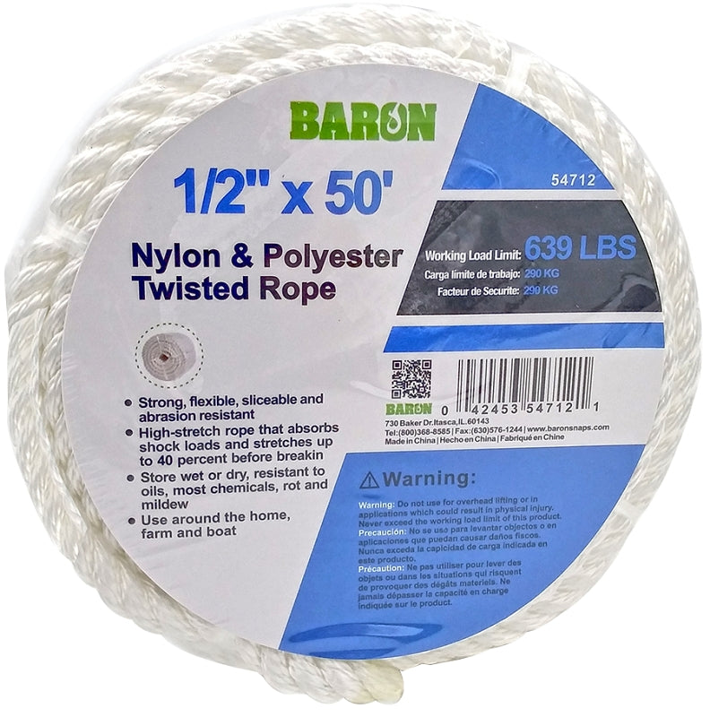 BARON Baron 54712 Rope, 1/2 in Dia, 50 ft L, 639 lb Working Load, Nylon, White HARDWARE & FARM SUPPLIES BARON