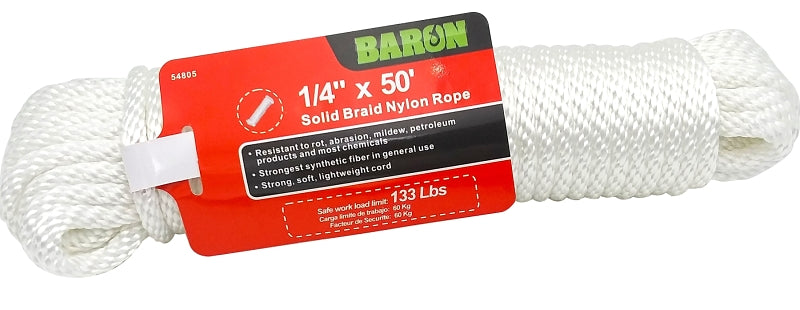 BARON Baron 54805 Rope, 1/4 in Dia, 50 ft L, 1/4 in, 90 lb Working Load, Nylon, White HARDWARE & FARM SUPPLIES BARON