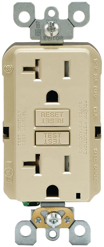 LEVITON Leviton R91-GFTR2-0KI GFCI Duplex Receptacle, Thermoplastic, Ivory, 2-Pole, 20 A, 125 V, Back, Side Wiring