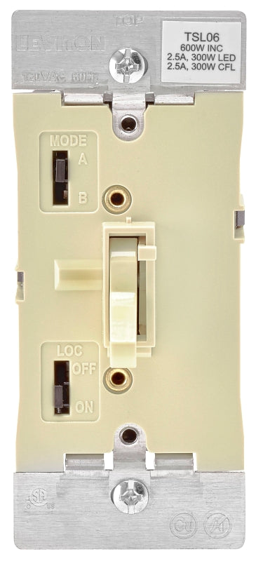 LEVITON Leviton R01-TSL06-1KI Dimmer, 120 V, 600 W, CFL, Halogen, Incandescent, LED Lamp, 3-Way, Ivory
