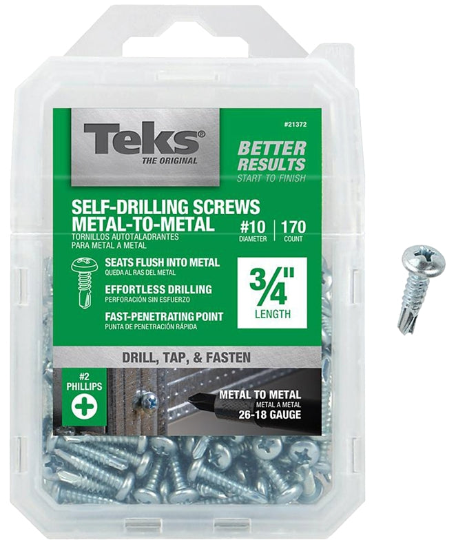 TEKS Teks 21372 Screw, #10 Thread, 3/4 in L, Coarse Thread, Pan Head, Phillips Drive, Self-Drilling, Self-Tapping Point, Zinc