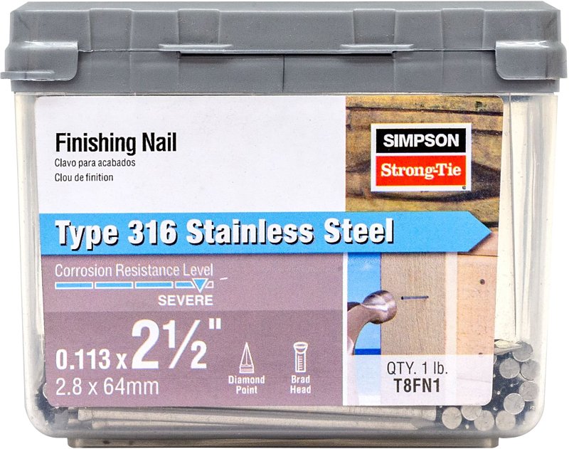 SIMPSON STRONG-TIE Simpson Strong-Tie T8FN1 Finishing Nail, 8D, 2-1/2 in L, 12 ga Gauge, Stainless Steel, Brad Head, Smooth Shank