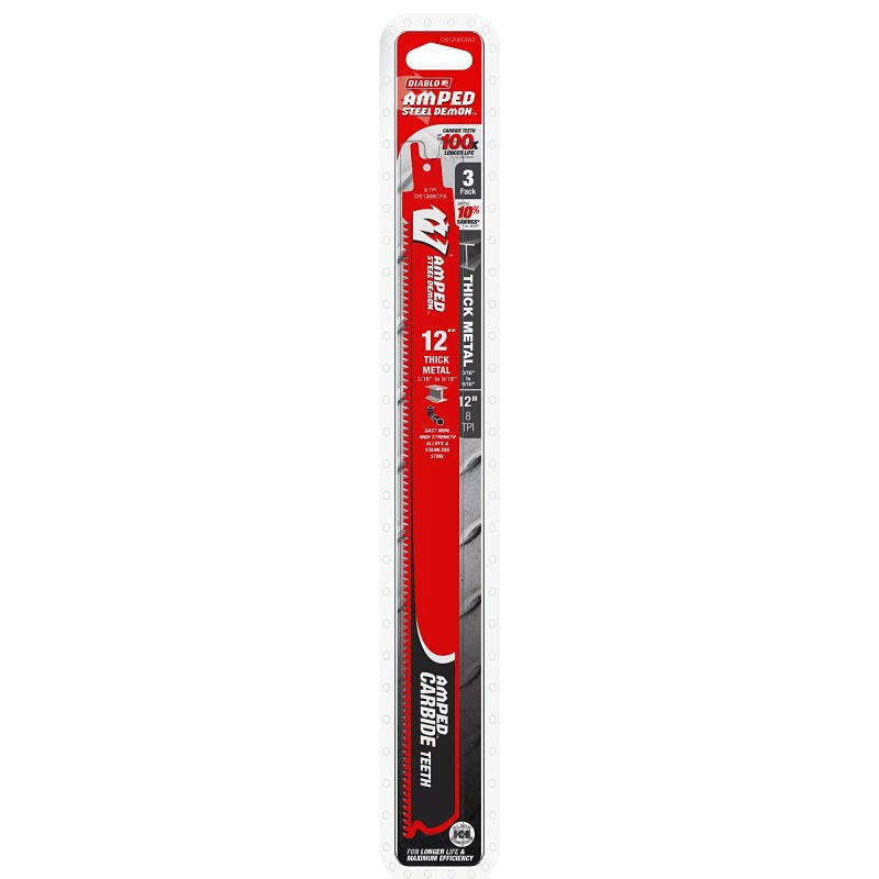 DIABLO Diablo AMPED Steel Demon DS1208CFA3 Reciprocating Saw Blade, 1 in W, 12 in L, 8 TPI, Carbide Cutting Edge
