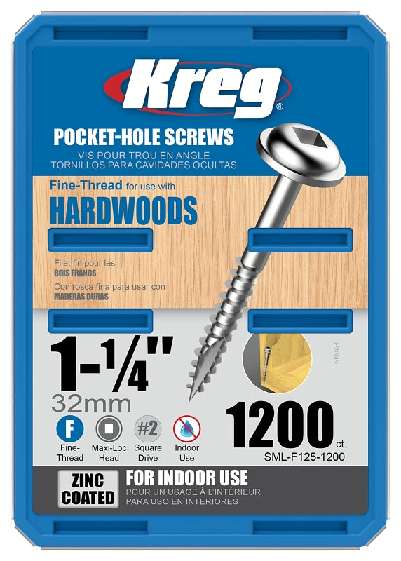 KREG Kreg SML-F125-1200 Pocket-Hole Screw, #7 Thread, 1-1/4 in L, Square Drive, Carbon Steel, Fine Thread, Maxi-Loc Head TOOLS KREG