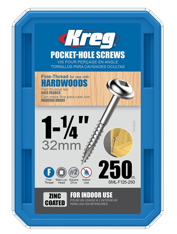KREG Kreg SML-F125-250 Pocket-Hole Screw, #7 Thread, 1-1/4 in L, Fine Thread, Maxi-Loc Head, Square Drive, Carbon Steel, Zinc