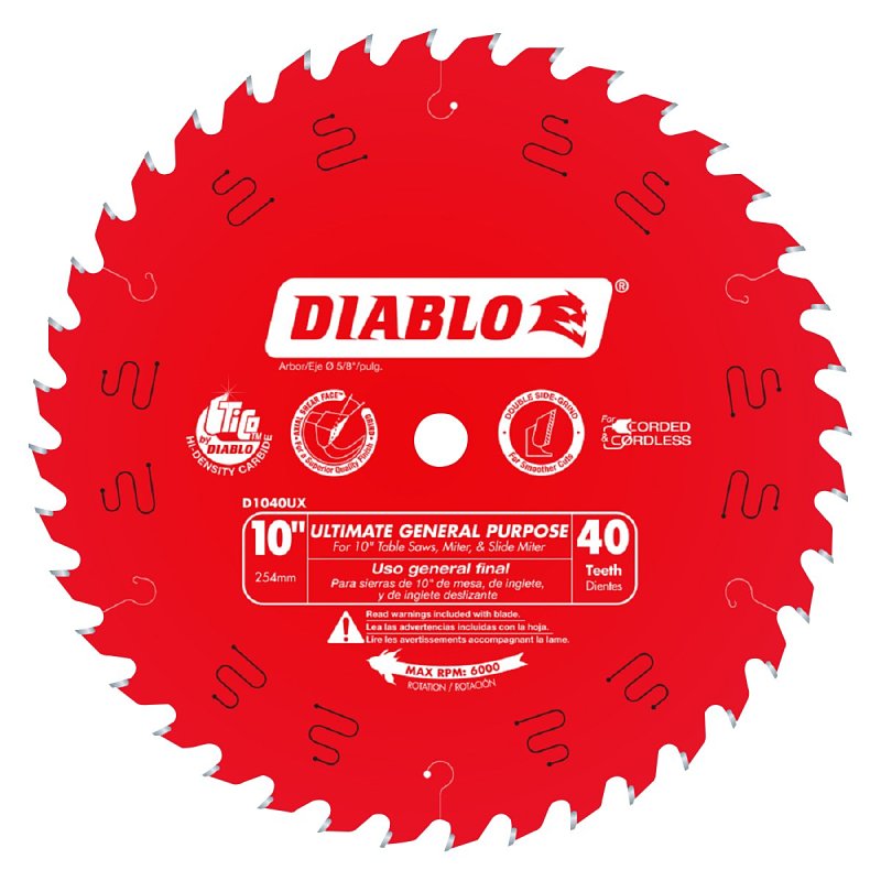 DIABLO Diablo D1040UX General-Purpose Saw Blade, 10 in Dia, 40-Teeth, Applicable Materials: Plywood, Solid Wood