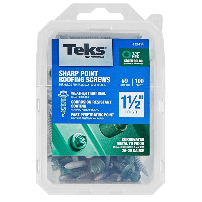 TEKS Teks 21414 Roofing Screw, 1-1/2 in L, Coarse Thread, Washer Head, Hex Drive, Sharp Point, Steel, Zinc-Plated, 100