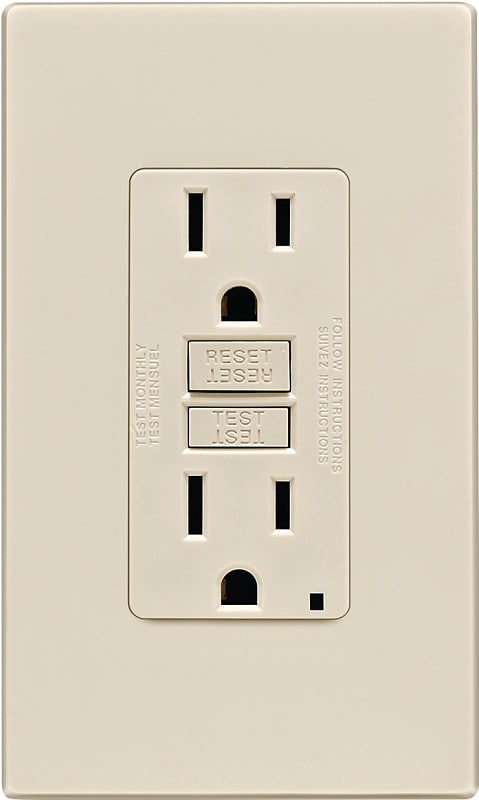 LEVITON Leviton C36-GFNT1-0PT GFCI Duplex Receptacle, Polycarbonate, Light Almond, 2-Pole, 15 A, 125 V, Back, Side Wiring, 60 Hz