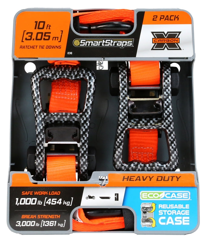 SMARTSTRAP SmartStrap 240 Tie-Down, 1-1/4 in W, 10 ft L, Carbon Fiber, Orange, 1000 lb, S-Hook End Fitting, Steel End Fitting