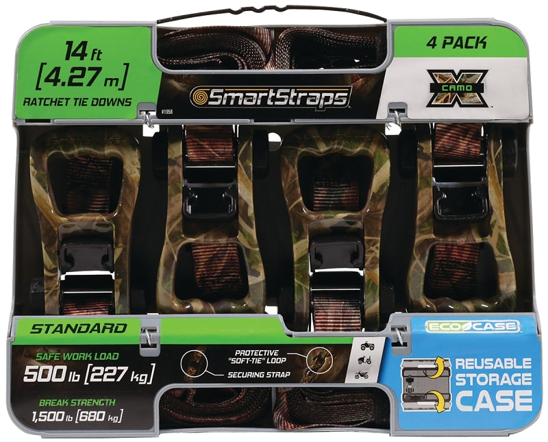 SMARTSTRAP SmartStrap 1958 Tie-Down, 1 in W, 14 ft L, Polyester, 500 lb, S-Hook End Fitting, Steel End Fitting