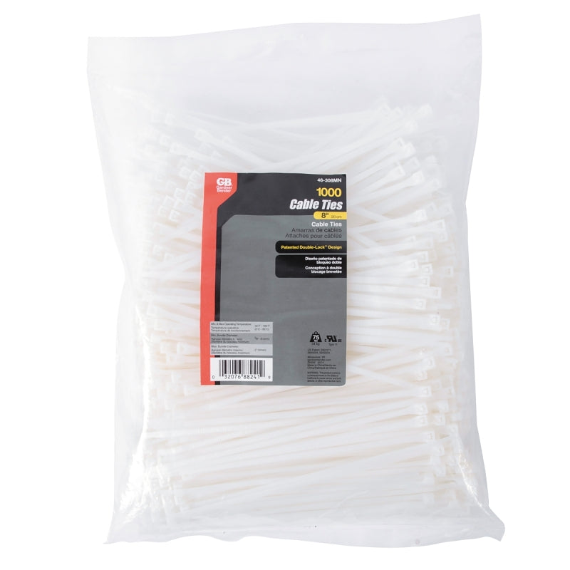 GB Gardner Bender 46-308MN Cable Tie, 1/4 in Max Bundle Dia, Double-Lock Locking, Nylon, Natural, 8 in L ELECTRICAL GB