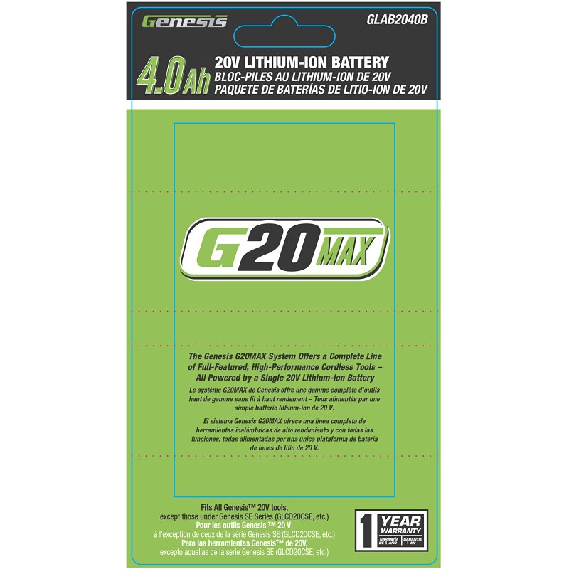 RICHPOWER Genesis G20MAX Series GLAB2040B Cordless Lithium-Ion Battery, 20 V Battery, 4 Ah TOOLS RICHPOWER