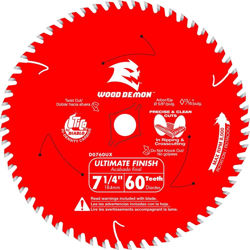 DIABLO Diablo D0760UXA Saw Blade, 7-1/4 in Dia, 5/8 in Arbor, 60-Teeth, Carbide Cutting Edge, Applicable Materials: Wood TOOLS DIABLO