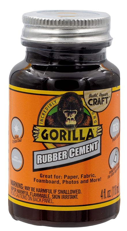 GORILLA Gorilla 105779 Rubber Cement Adhesive, Liquid, Crystal Clear, 4 oz Bottle PAINT GORILLA