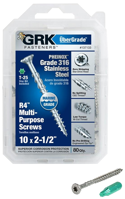 GRK FASTENERS GRK Fasteners 137133 Framing and Decking Screw, #10 Thread, 2-1/2 in L, Flat Head, Star Drive, 316 Stainless Steel