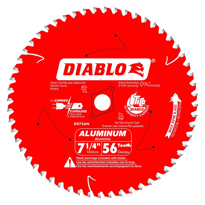 DIABLO Diablo D0756N Circular Saw Blade, 7-1/4 in Dia, 5/8 in Arbor, 56-Teeth, Carbide Cutting Edge