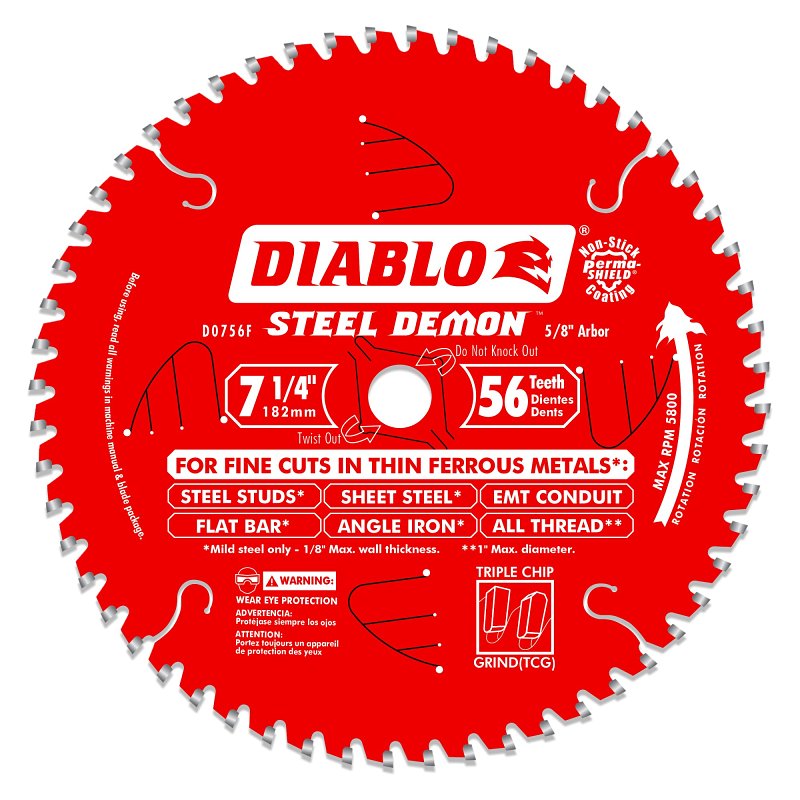 DIABLO Diablo Steel Demon D0756F Circular Saw Blade, 7-1/4 in Dia, 5/8 in Arbor, 56-Teeth, Carbide Cutting Edge TOOLS DIABLO
