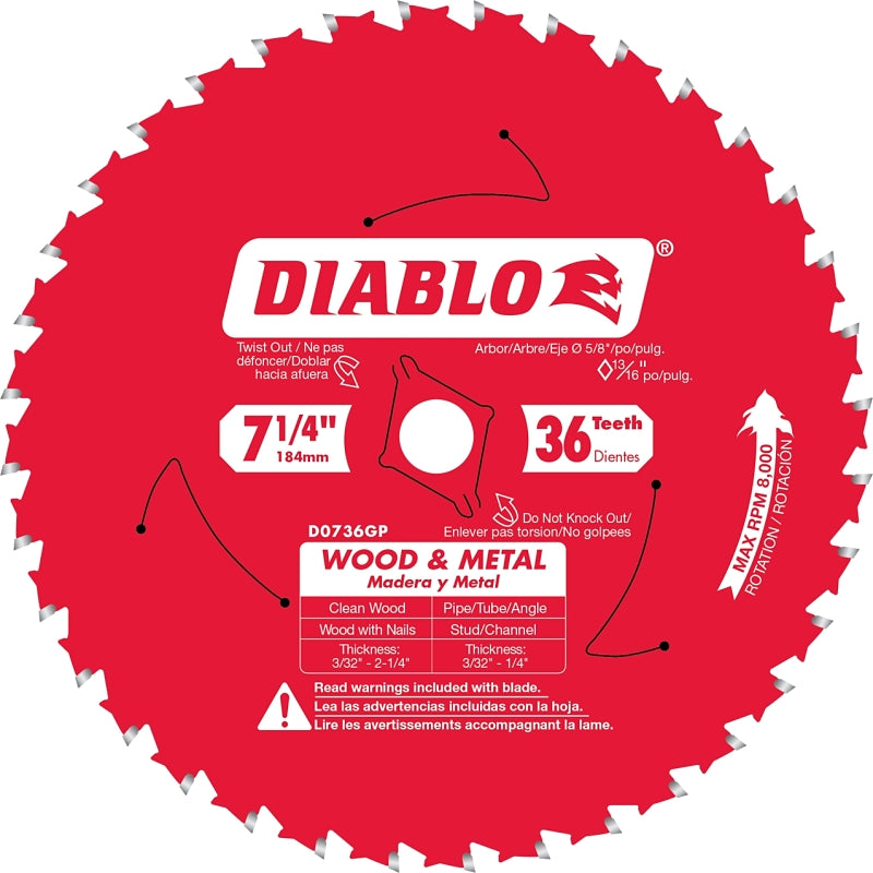 DIABLO Diablo D0736GPX Circular Saw Blade, 7-1/4 in Dia, 5/8 in Arbor, 36-Teeth, Carbide Cutting Edge TOOLS DIABLO
