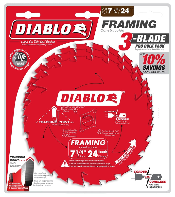 DIABLO Diablo D0724X3 Saw Blade, 7-1/4 in Dia, 5/8 in Arbor, 24-Teeth, Applicable Materials: Wood