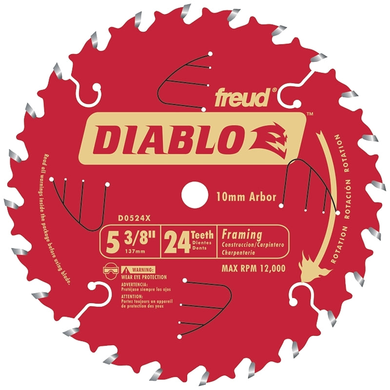 DIABLO Diablo D0524X Circular Saw Blade, 5-3/8 in Dia, 0.393 in Arbor, 24-Teeth, Carbide Cutting Edge
