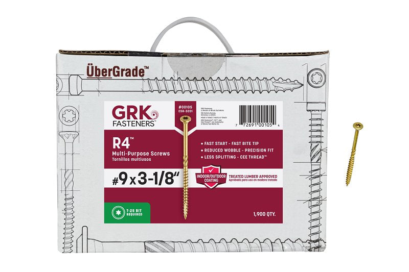GRK FASTENERS GRK Fasteners R4 00105 Framing and Decking Screw, #9 Thread, 3-1/8 in L, Round Head, Star Drive, Steel, 1900 BX