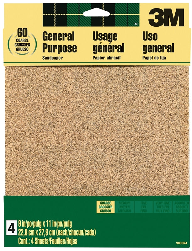 3M 3M 9003 Sandpaper Sheet, 11 in L, 9 in W, Coarse, 60 Grit, Aluminum Oxide Abrasive, Paper Backing