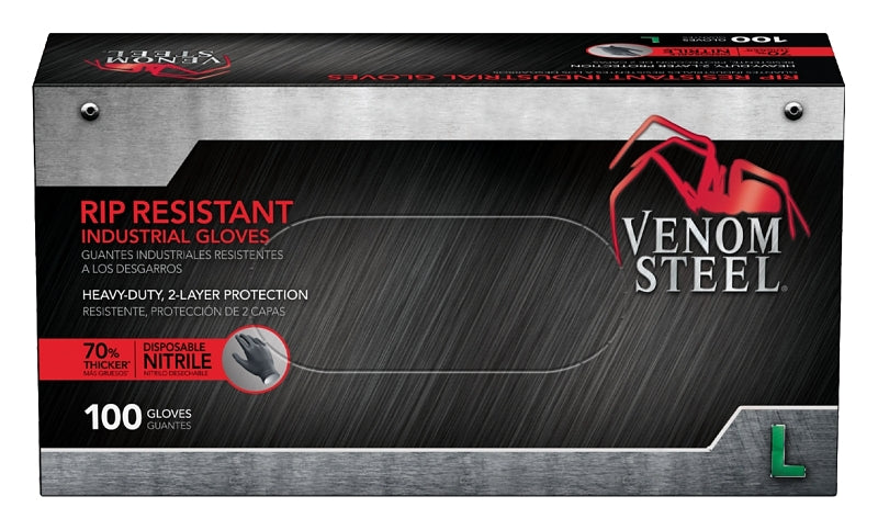VENOM Venom Steel VEN6143N Disposable Gloves, 100 BX, L, Nitrile, Powder-Free, Black, 9-1/2 in L, Beaded Cuff