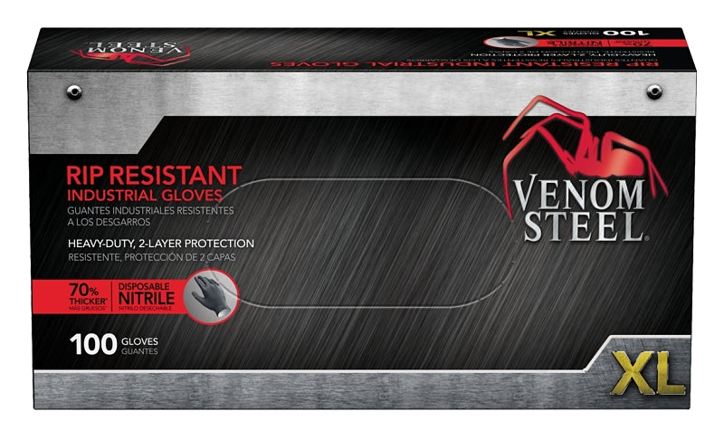 VENOM Venom Steel VEN6144N Disposable Gloves, 100 BX, XL, Nitrile, Powder-Free, Black, 9-1/2 in L, Beaded Cuff