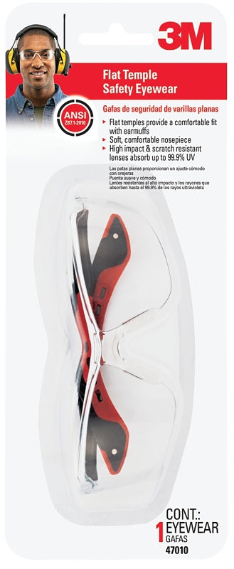 3M 3M 47010-WV6 Safety Eyewear, Anti-Scratch Lens, Polycarbonate Lens, Semi-Rimless Frame, Plastic Frame, Black/Red Frame