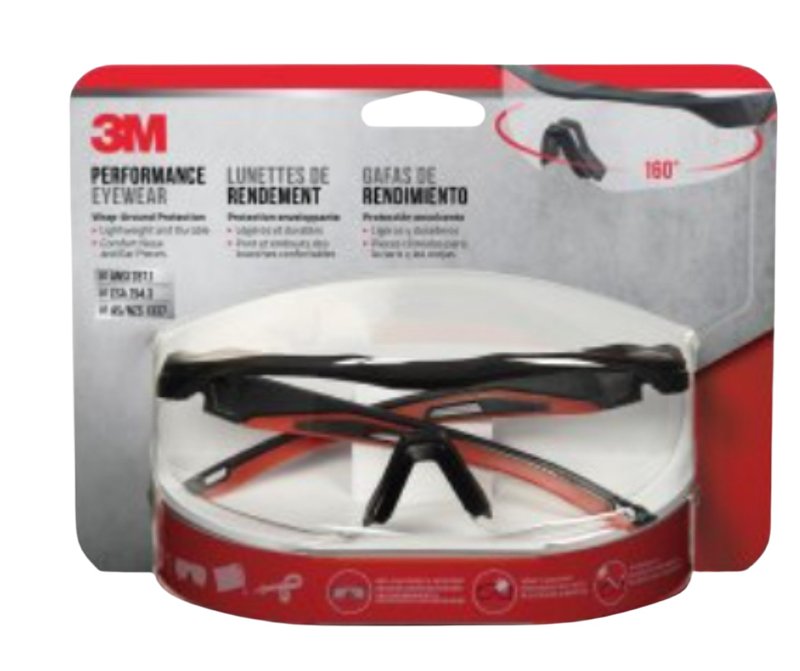 3M 3M 47090-WZ4 Safety Glasses, Clear Lens, Black/Red Frame, Anti-Fog, Anti-Scratch Lens, Wraparound Frame