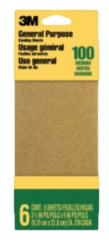 3M 3M 9016 Sandpaper Sheet, 9 in L, 3.66 in W, Medium, 100 Grit, Aluminum Oxide Abrasive, Paper Backing TOOLS 3M