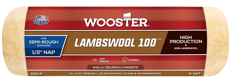 WOOSTER BRUSH Wooster Lambswool 100 R291-9 Roller Cover, 1/2 in Thick Nap, 9 in L, Fabric/Lambs Wool Cover, Buff