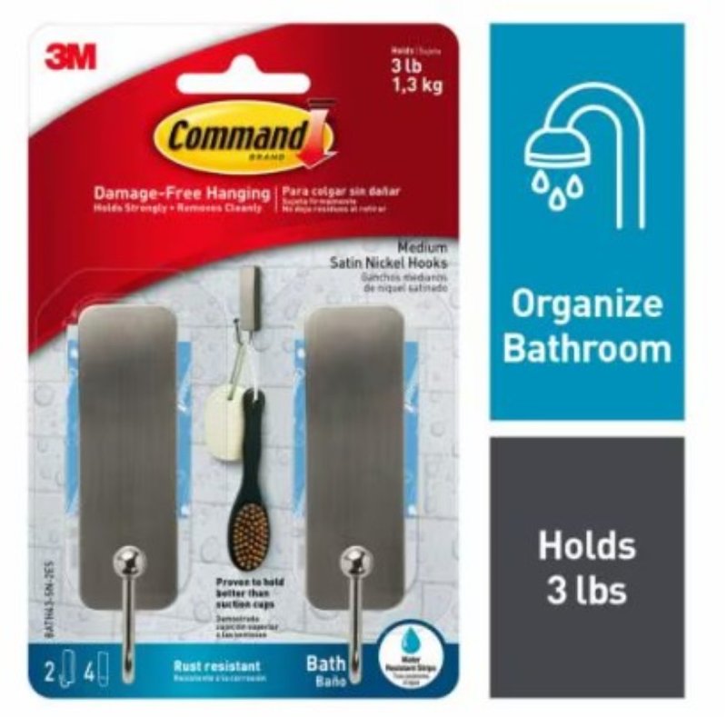COMMAND Command BATH43-SN-2ES Medium Bath Hook, 3 lb, 1-Hook, Metal, Satin Nickel ELECTRICAL COMMAND