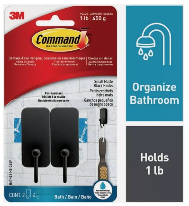 COMMAND Command BATH33-MB-2ESF Small Bath Hook, 1 lb, 2-Hook, Metal, Matte Black