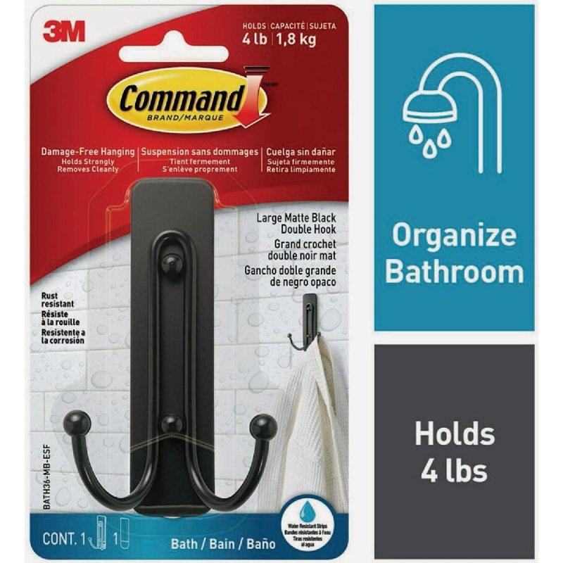COMMAND Command BATH36-MB-ESF Large Bath Hook, 4 lb, 2-Hook, Metal, Matte Black