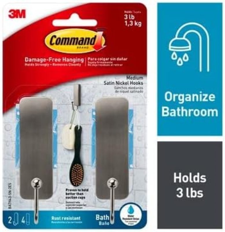COMMAND Command BATH43-MB-2ES Medium Bath Hook, 3 lb, 2-Hook, Metal, Matte Black