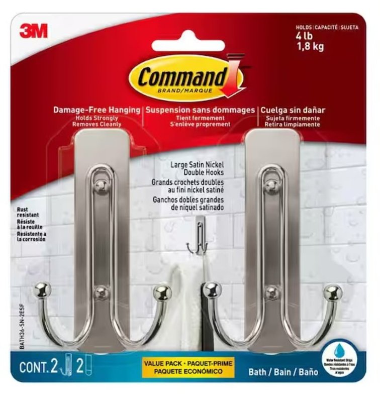 COMMAND Command BATH36-SN-2ESF Large Bath Hook, 4 lb, 2-Hook, Metal, Satin Nickel