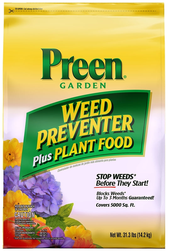 PREEN Preen 2164256 Weed Preventer Plus Plant Food, Granular Solid, 31.3 lb Bag