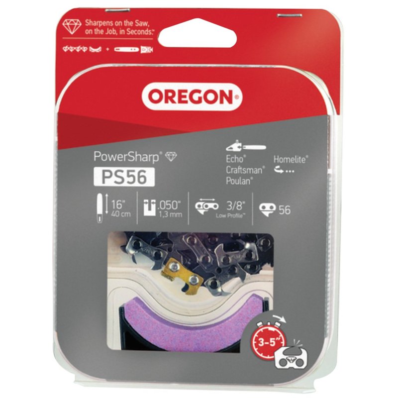 OREGON Oregon PS56 Replacement Chain with Sharpening Stone, 16 in L Bar, 0.05 Gauge, 3/8 in TPI/Pitch, 56-Link