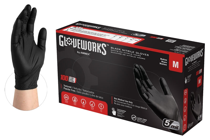 AMMEX Gloveworks GPNB44100 Non-Sterile Gloves, M, Nitrile, Powder-Free, Black, 13.86 in L