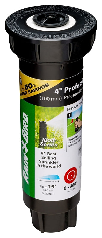 RAINBIRD Rain Bird 1800 1804HV15PR Pressure Regulated Pop-Up Sprinkler, 1/2 in Connection, FNPT, 4 in H Pop-Up, 15 ft
