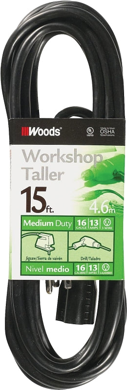 WOODS Woods 990261 Extension Cord, 16 AWG Cable, 15 ft L, 13 A, 125 V, Black ELECTRICAL WOODS