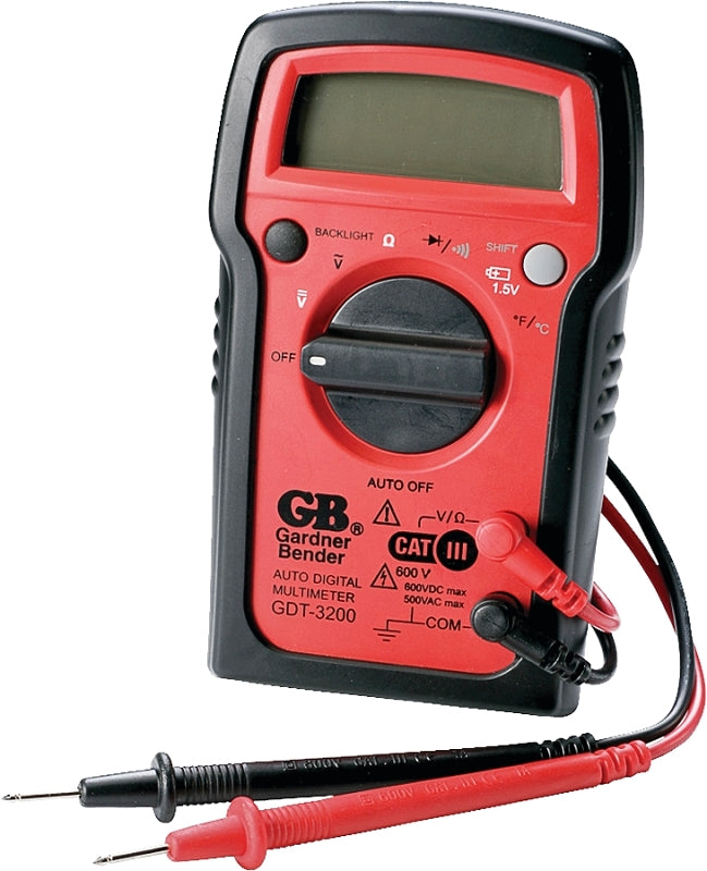 GB Gardner Bender GDT-3200 Multimeter, 500 VAC, 600 VDC, 20 MOhm, Digital, LCD Display, Red ELECTRICAL GB