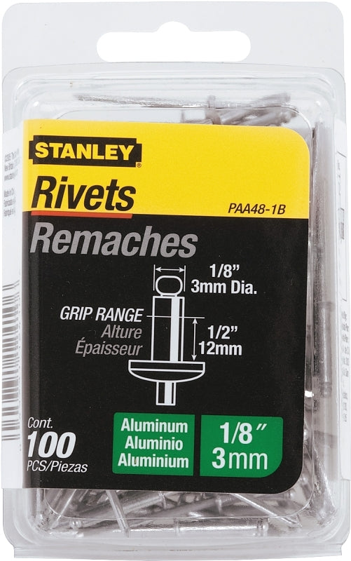 STANLEY STANLEY PAA48-1B Pop Rivet, Reusable, 1/2 in Grip, 1/8, 1-3/4 in L, Aluminum, 100/PK